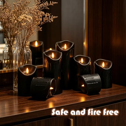 Image of Nimiko Flameless Candles with Remote, Battery Operated Flickering Flameless Candles, LED Candles with Timer 2 /4 /6 /8H, Realistic Drop Wax flameless Candle Set of 9 (D3 x H 3 inch 4 inch 5 inch 6 inch 7 inch) (Black)