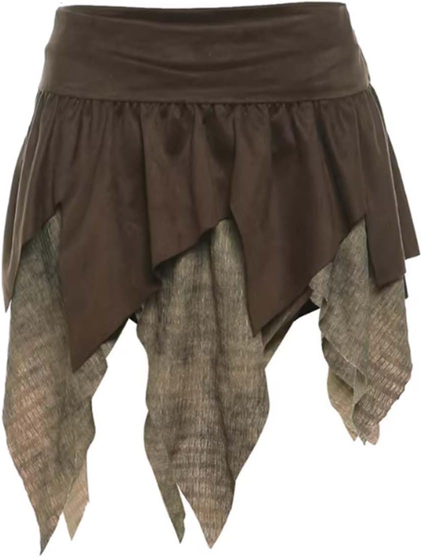 PRINCESS BRIDE Girls Summer Retro Polyester Patchwork Irregular Short Skirt High-Waisted Slimming Asymmetrical A-line Mini Skirt A09 Brown