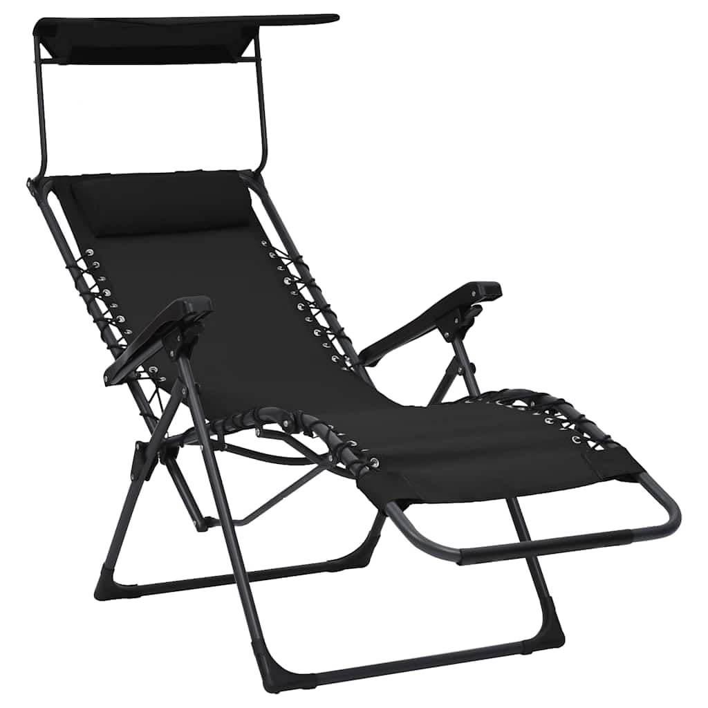 Verstellbarer Klappbarer Textilene Gartenliege Schwarz mit Sonnendach, Lounge Liegestuhl für Terrasse Balkon Garten Pool Strand Camping Wellness, wetterfest und leicht