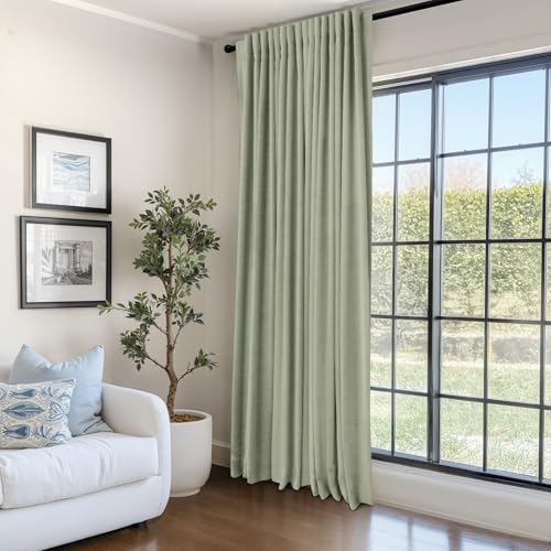 Image of 100% Blackout Shield Linen Blackout Sliding Door Curtains for Living Room, Back Tab /Rod Pocket Thermal Insulated Curtains for Sliding Glass Doors, 1 Panel Set, 100 inch W x 96 inch L, Sage Green