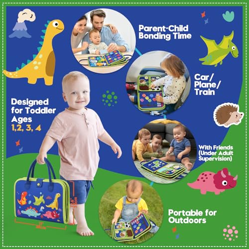 Image of Toddler Sensory Busy Board: Travel Toy Activity Book for Girls Boys, Motor Skill Development Gift for Baby Aged 3-4 Years, Fine Educational Preschool Montessori Learning Toy for Car Airplane Dinosaur