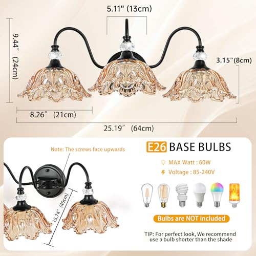 Image of Black Bathroom Vanity Light,3-Light Vanity Light with Floral Amber Glass Shades,Vintage Farmhouse Wall Mount Lighting for Bathroom, Dressing Table