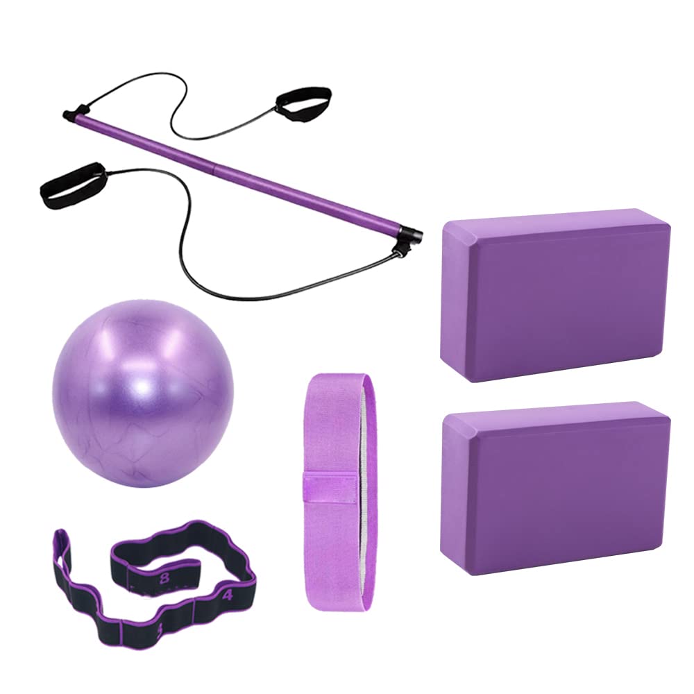 Ensemble De Bandes De Résistance Yoga Block Brick Yoga Entraînement Portatif De Gymnastique De Corde De Traction avec La Barre De Pilates Et La Boule D'équilibre De Yoga,Violet