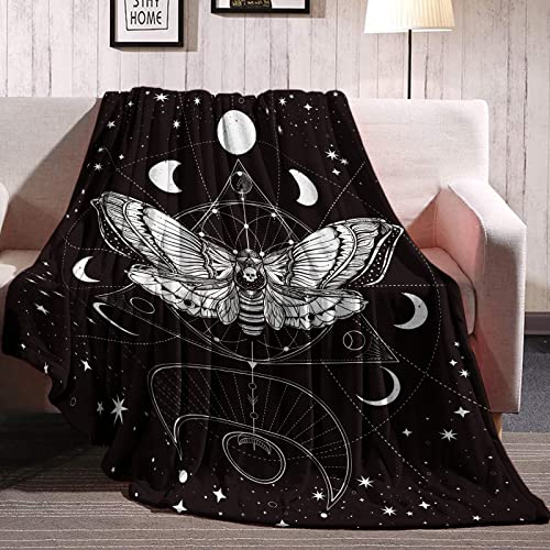 Moth Throw Blanket, Soft Gothic Death Moth Flannel Blanket, Cozy Plush Death Skull Blanket Boho Sun And Moon Blanket, Lightweight Skeleton Bones Blanket Gifts For Adults Bed Sofa Couch, 60"*80" #TOP4