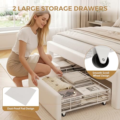 Image of Full Size LED Bed Frame with Storage Headboard, Upholstered Velvet Wood Princess Bed for Girls with 5 Charging Ports (USB-C & AC), Hidden Compartment, Sturdy Aluminum Frame & 2 Silent Drawers Beige