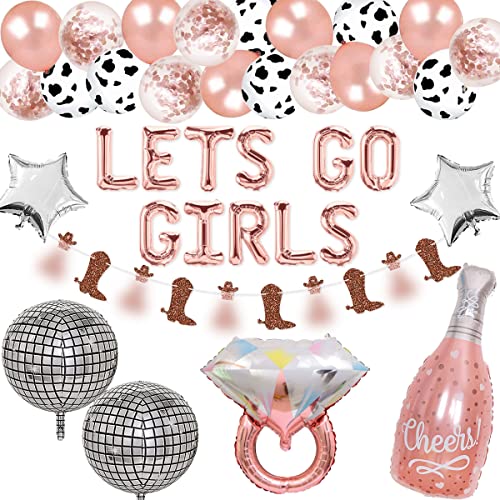 Image of Rose Gold Let's Go Girls Nashville Bachelorette Party Kit Rose Gold Balloon Arch, Ring Disco Ball Mylar Balloon for Nash Bash Bachelorette Western Disco Cowgirl Bachelorette Party Decorations