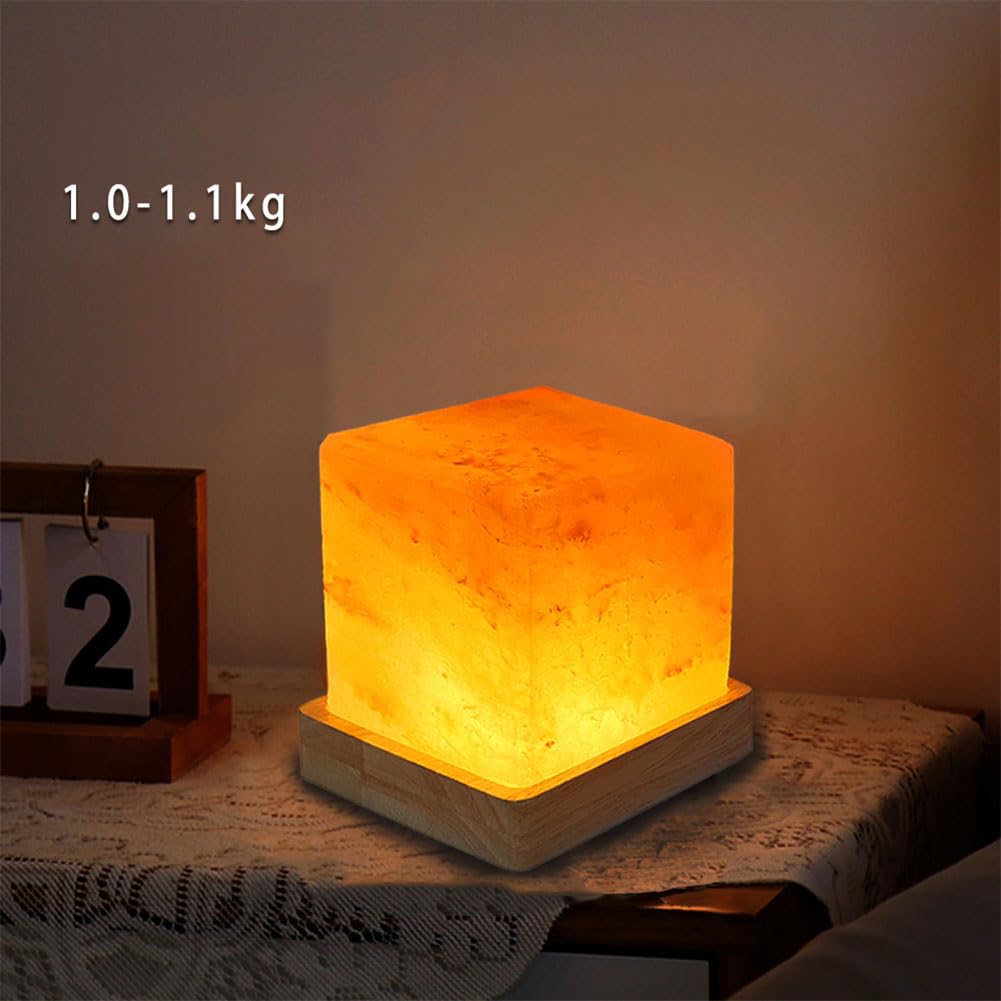 Lámpara de Sal de Interfaz USB LED (Conocida Como Lámpara de Cristal de Sal Del Himalaya) con Base de Madera de Diseño Cuadrado Piedra de Sal Hecha a Mano en la Granja de Sal de Pakistán