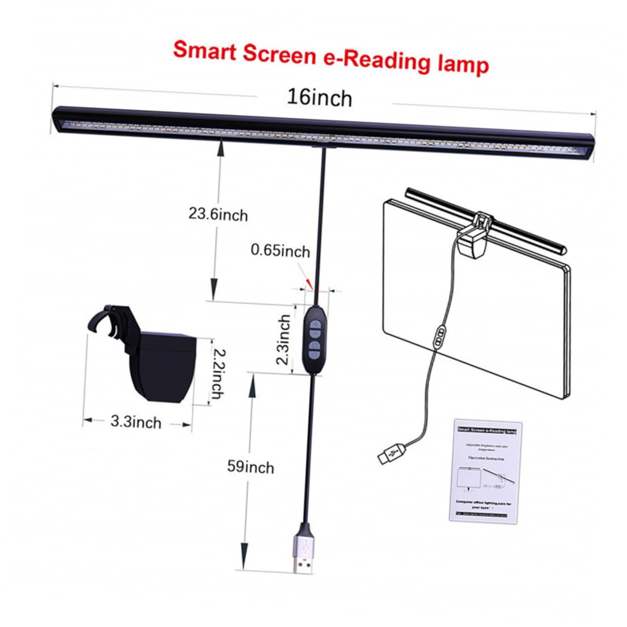 DOITOOL Computer Monitor Clip Lamp USB Powered E-Reading Light for Home Office Study Eye Hanging Light USB Cable Black