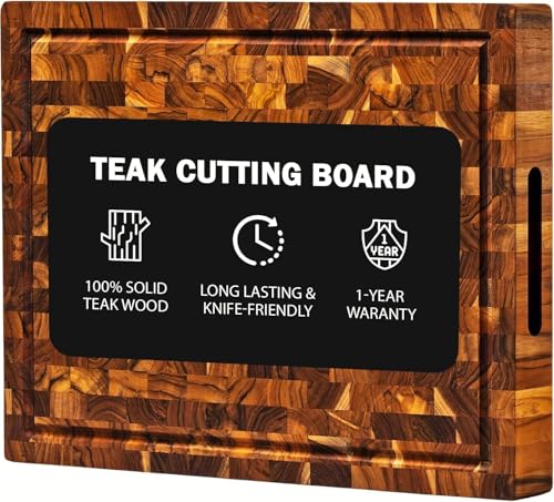 Tabla de cortar rectangular de madera de teca de 43.18 cm con ranura para jugos, reversible y gruesa para cocina miniatura 1