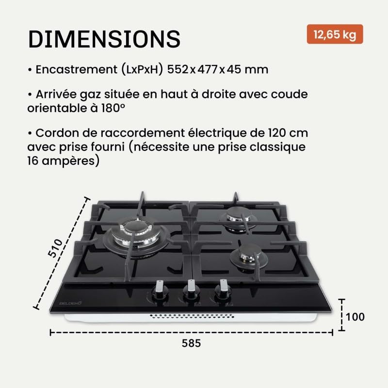 BELDEKO Plaque de cuisson Gaz 3 Feux 60 cm Verre Noir - Grilles Fonte - Marque Française