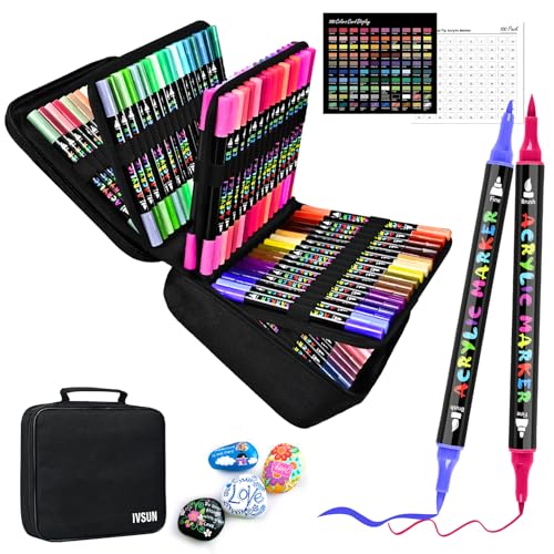 Image of IVSUN 100 Colors Acrylic Paint Pens, Dual Tip Paint Markers | Fine & brush tips, ready to use, includes portable carrying case, works on rock, wood, canvas, ceramic, glass and metal.