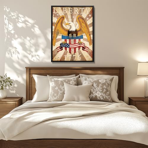 Image of American Flag Framed Canvas Wall Art, 4th of July Red White Blue Canvas Prints, USA Flag with Bald Eagle Patriotic Decorations, Vintage Independence Day Wall Decor for Bedroom Living Room 6x8