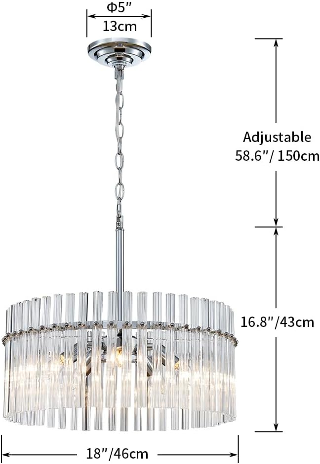 Shrine Lighting Drum Chandeliers, Modern Design, Chrome Pendant Light Fixture for Living Space, D18'' x H17'', Adjustable Chains 59", E12*5 Sockets, Clear Glass Lampshade & Chrome Finish Frame
