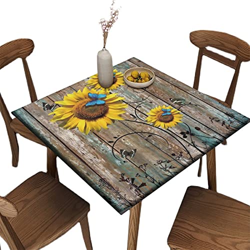 Square Fitted Tablecloth with Elastic, Waterproof Farmhouse Rustic Tablecloths for Outdoor Camping Picnic, Daisy Print Fabric Wipeable Table Cloths Fits Tables up to 40