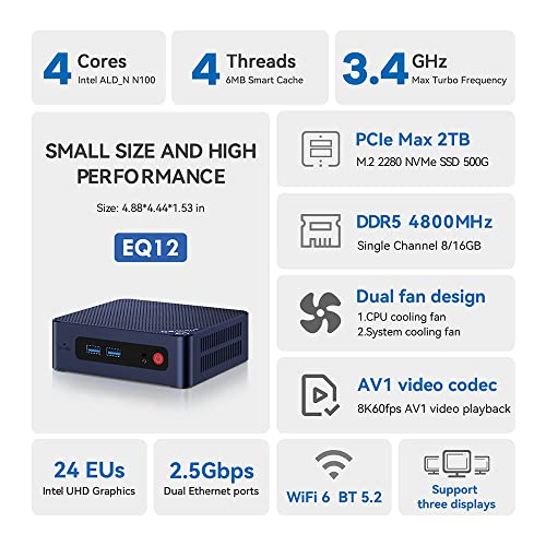 Beelink EQ12 Mini PC with N100 Processor, 16G DDR5 500G SSD