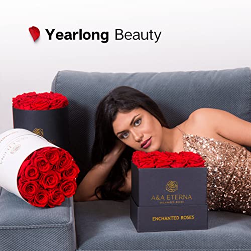 A&A Eterna - Enchanted Roses 9 Red Roses Preserved In A Black Square Box - 100% Real Rose For Her - Extra Large Red Roses Elegantly Arranged In A Chic Box #TOP5