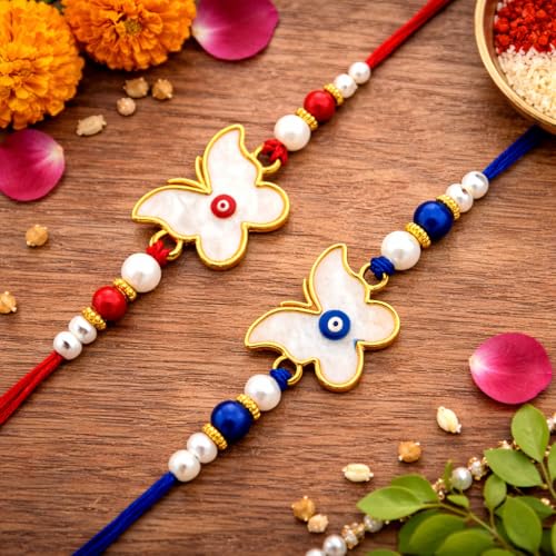 Image of Riddhika Ventures Elegant Evil Eye Rakhi for Protection from Negative Energy (Set Of 2) With Roli Chawal And Greeting Card (T1U1)