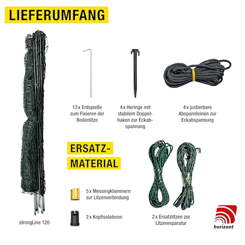 horizont strongLine mobiler Hundezaun Camping ohne Strom, Mobiler Zaun für Hunde & Kleintiere, 25 m lang, 120 cm hoch, 9 Fiberglaspfähle mit Doppelspitze, grün, für Garten, Hof & Camping