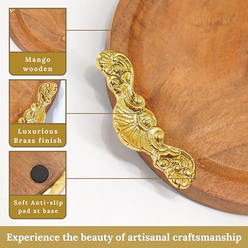 Image of Behoma Mango Wood Oval Serving Platter with Golden Brass Motif | Elegant Wooden Tray for Home Decor | Durga Puja Navratri Festive Serveware for Sweets, Cookies & Dry Fruits | Size - 37 cm (14.5 inch)