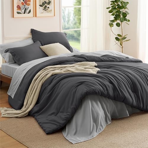 Image of Bedsure Full Comforter Set - 7 Pieces Dark Grey Full Bedding Set for All Seasons, Boho Contrasting Design Bed in a Bag with Comforter, Sheets, Pillowcases & Shams
