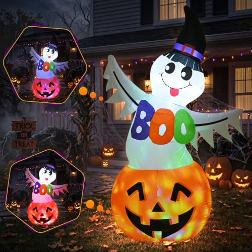 6 FT Halloween Inflatable Ghost Pumpkin with Witch Hat & Boo Sign - image 1