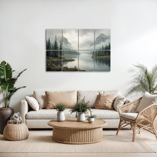 8 Pack Paneles Acústicos Artísticos Absorbentes de Sonido Bosque Nebuloso Verde Monte Lago Niebla Madera Paisaje Naturaleza Óleo Decorativo Paneles Autoadhesivos para Estudios de Grabación en Casa 48"x32" miniatura 5