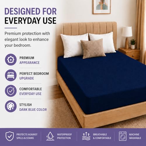 Image of Babylee 100% Waterproof Queen XL 78x60 Inch 6.5x5 Ft Fits Upto 10 Inch Mattress | Premium Terry Cotton Breathable Bed Protector | Mattress Cover for Double Bed | Dark Blue
