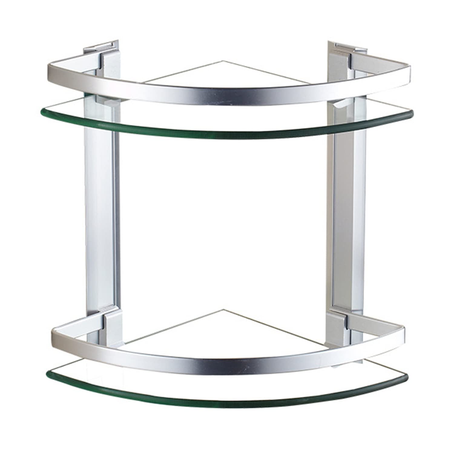 Estante de cristal montado en la pared de 2 niveles para baño, estante de almacenamiento de esquina de aluminio y vidrio templado con riel moderno acabado plateado organizador de ducha