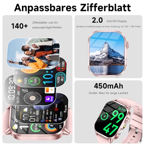 Smartwatch Damen mit EKG/ΒΙυtzυcker/BMI/HRV/Harnsäure/LED-Licht,2,0"Gesundheitsuhr mit 24H BΙutdruckmessung SpO2 Pulsuhr Körpertemperatur Schlaf/Apnoe-Monitor, SOS-Notruf Fitnessuhr für iOS Android – Bild 6