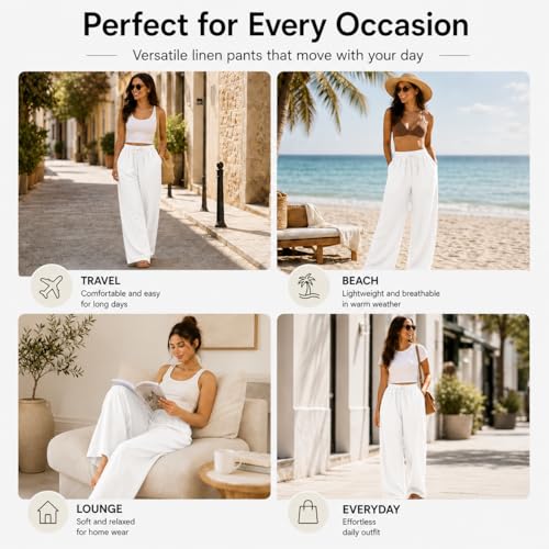 Image of Women Linen Wide Leg Pants High Waist Drawstring Elastic Waist Trousers Breathable Lightweight Summer Palazzo Pants Casual Travel Lounge Wear with Pockets