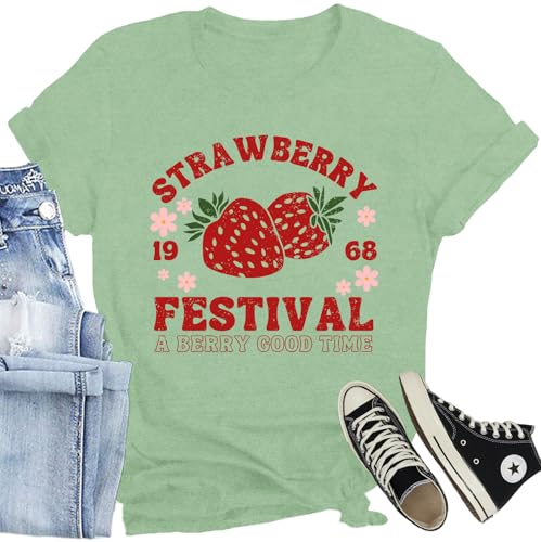 CQF Strawberry Shirts for Women Strawberry Festival A Berry Good Time T-Shirt Cute Fruit Lover Tee Tops