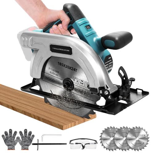 185mm Cordless Circular Saw Compatible with Makita 18V Battery (Without Battery), 1200W 4800RPM Brushless, Max Cutting Depth 60mm (90°), 40mm (45°), 3 x Blades for Wood, Plastic, Soft Metal, Tile