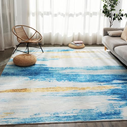 Carvapet 5x7 Large Rugs for Living Room Bedroom, Washable Blue Modern Abstract Low Pile Carpet with Rubber Backing, Foldable, Non Slip Thin Area Rug, Ultra Soft