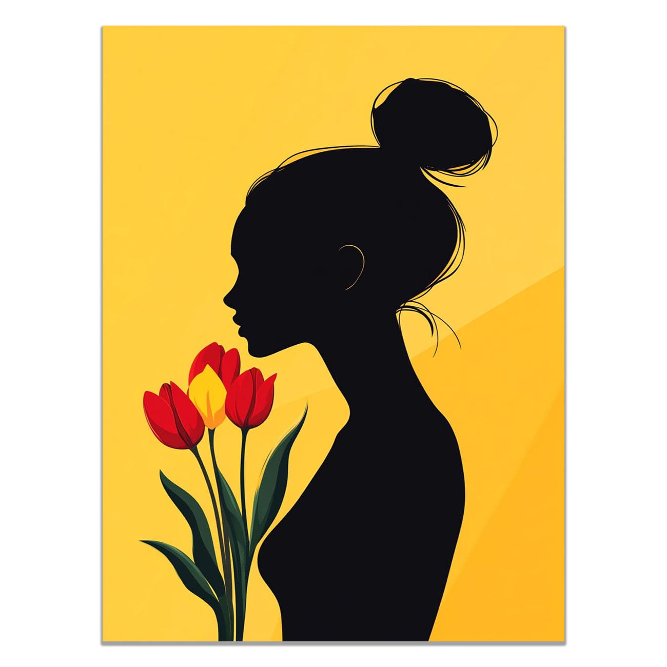 QUSAAOU Fashion Canvas Wall Woman Silhouette with Tulips on Yellow Background Living Room Bedroom African American Woman Wall Decor Art Wall For Home Afro Woman Poster And Prints -70x100cm Unframed