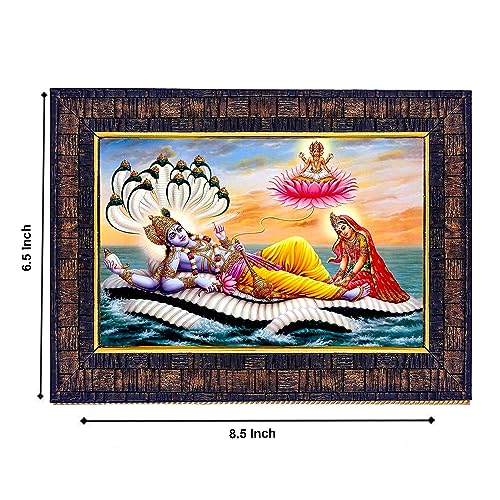 Image of Hawai Vishnu Bhagwan and Maa Lakshmi Photo with Engineered Wood Wall Hanging Home Decor Religious Rectangular Photo Frame for Worship, Pooja Room, Home Office, 8.5X7 inch, BLKFRM451