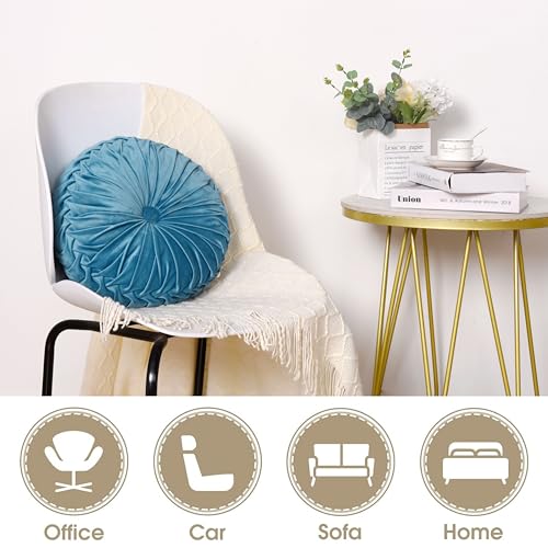 Image of HIG Set of 2 Dusty Blue Ruched Velvet Round Throw Pillows - 14.5'' Decorative Pillows with Soft Polyester Filling for Couch, Bed, Living Room, Bedroom, or Dorm - Handmade, Stress Relieving, All-Season