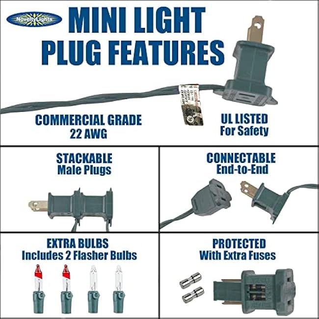 Novelty Lights 50 Feet 100 Bulbs Traditional Incandescent Mini Lights, Red on Green Wire with 6 Spacing, Commercial Grade and UL Listed for Indoor/Outdoor Use, End-to-End Connectable