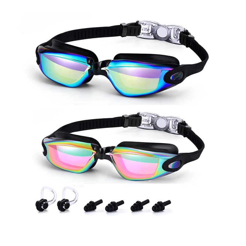 TopYart Swimming Goggles, 2-pack Adjustable Goggles with Nose Clip and Earplugs, Anti-fog, Anti-leakage and UV Protection, Suitable for Adults Men Women (Gold & Pink)