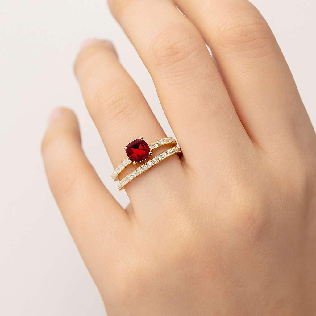 Ruby Gemstone Ring Set for Women in 14K Solid Gold or Sterling Silver | Diamond Accent Bridal Wedding Engagement Band | July Birthstone Jewelry Gift