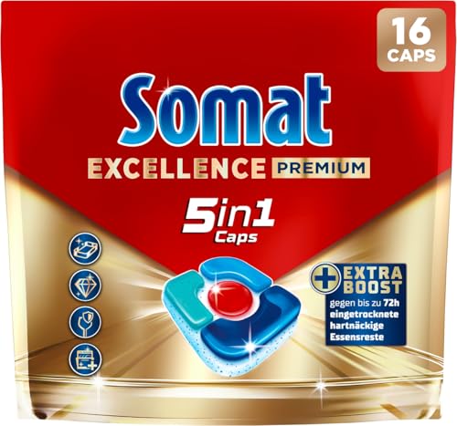 Somat Excellence Premium 5 en 1 Caps (16 Caps), pastillas para lavavajillas de liberación rápida con Extra Boost, Somat Caps eliminan incluso 72 h de restos de comida secos y persistentes