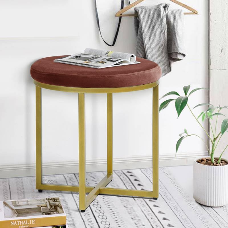 Round Contemporary Metal Ottoman Stool for Living Room Ottoman Footrest Stool with Gold Metal Base Pouffes for Sitting for Living Room,Farmhouse Seat Sturdy Stools (Gold & Brown)