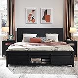JXQTLINGMU Farmhouse Wood Bed Frame King Size with Sliding Barn Door Storage Cabinets and Headboard, Solid Wood Slats Support, Noiseless, No Box Spring Needed, Black