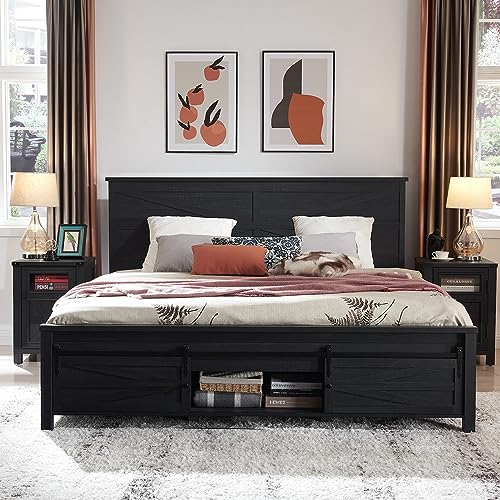 JXQTLINGMU-Farmhouse-Wood-Bed-Frame-King-Size-with-Sliding-Barn-Door-Storage-Cabinets-and-Headboard-Solid-Wood-Slats-Support-Noiseless-No-Box-Spring-Needed-Black JXQTLINGMU Farmhouse Wood Bed Frame King Size with Sliding Barn Door Storage Cabinets and Headboard Solid Wood Slats Support Noiseless No Box Spring Needed Black