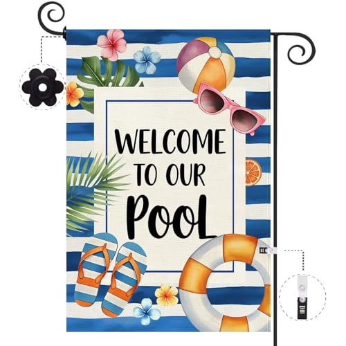 Baccessor Welcome To Our Pool Garden Flag Double Sided 12.5x18 Inch Summer Swimming Ring Flip Flops Holiday Front Yard Lawn Outdoor Outside Decoration