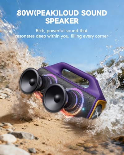 Image of IP67 Waterproof Bluetooth Speaker:80W(Peak) Loud Outdoor Portable Wireless Party Speakers with LED Lights,20H Playtime,Bluetooth 5.3,Deep Bass & TWS for Pool,Beach(Purple)