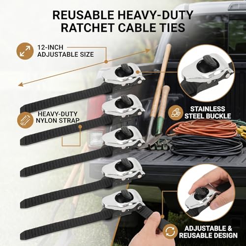Bridas de alta resistencia reutilizables negras de 12 pulgadas con trinquete ajustable 4