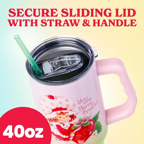Image of Silver Buffalo Strawberry Shortcake You Are Berry Special Vintage Pink and Green Ombre Double Walled Stainless Steel Tumbler with Handle and Straw, Fits in Standard Cup Holder, 40 Ounces