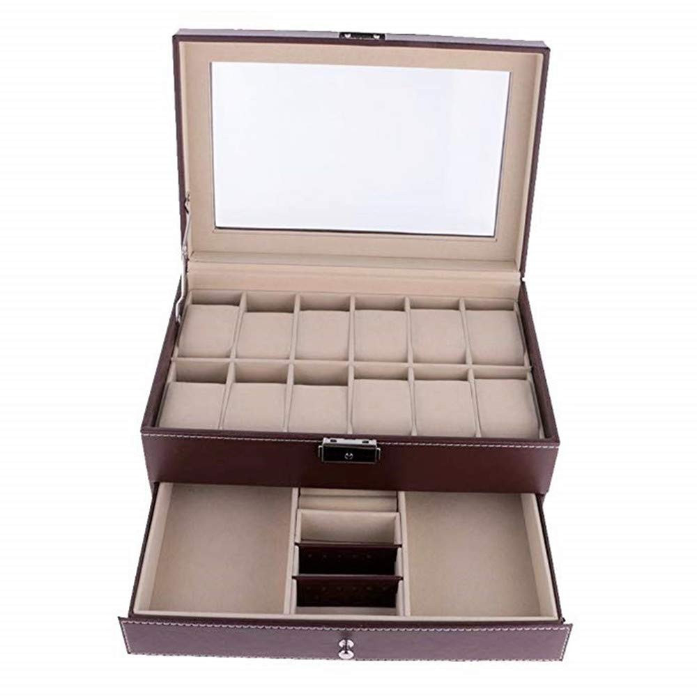 SAVICOS 12 Slots Watch Box, Mens&Womens Jewelry Display Organizer Lockable Watch Storage Case, Faux Leather with Glass Top