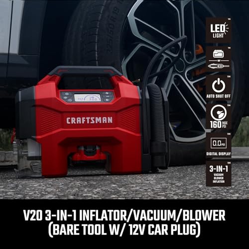 CRAFTSMAN Inflator/Vacuum/Blower 3-IN-1,Tire Inflator Portable Air Compressor with LED Light,Quiet Car Vacuum or Blower, 160 PSI for Car RV Truck,12V DC Corded and 20V DC Cordless,Tool Only by CRAFTSMAN - Used condition - Image 2
