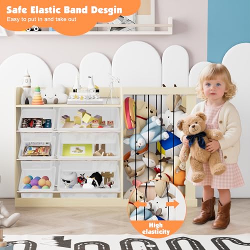 Image of Naches Kids Toy Organizer and 4-Tier Montessori Bookshelf with 6 Bins, 3-in-1 Toy Shelves and Stuffed Animal Storage for Playroom, Nursery, Baby Room (Burlywood)